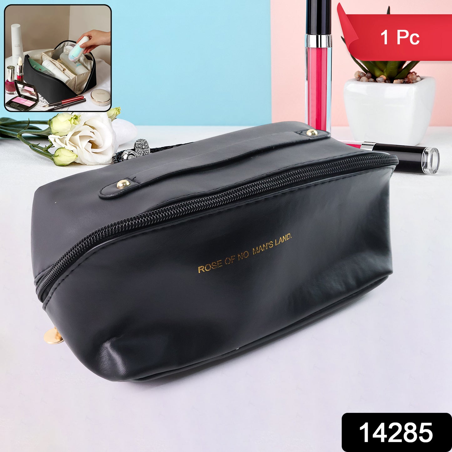 Premium Black Travel Makeup Toiletry Organizer Pouch With Zipper Handle (1 Pc)