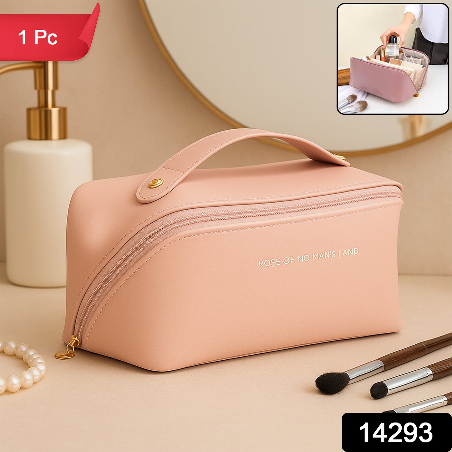 Premium Peach Travel Makeup Toiletry Organizer Pouch With Zipper Handle (1 Pc)