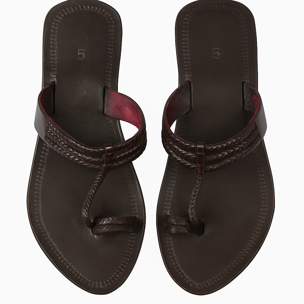 Handcrafted Kolhapuri Dark Brown Leather Sandals with Braided Straps – Ethnic & Casual Footwear for Women