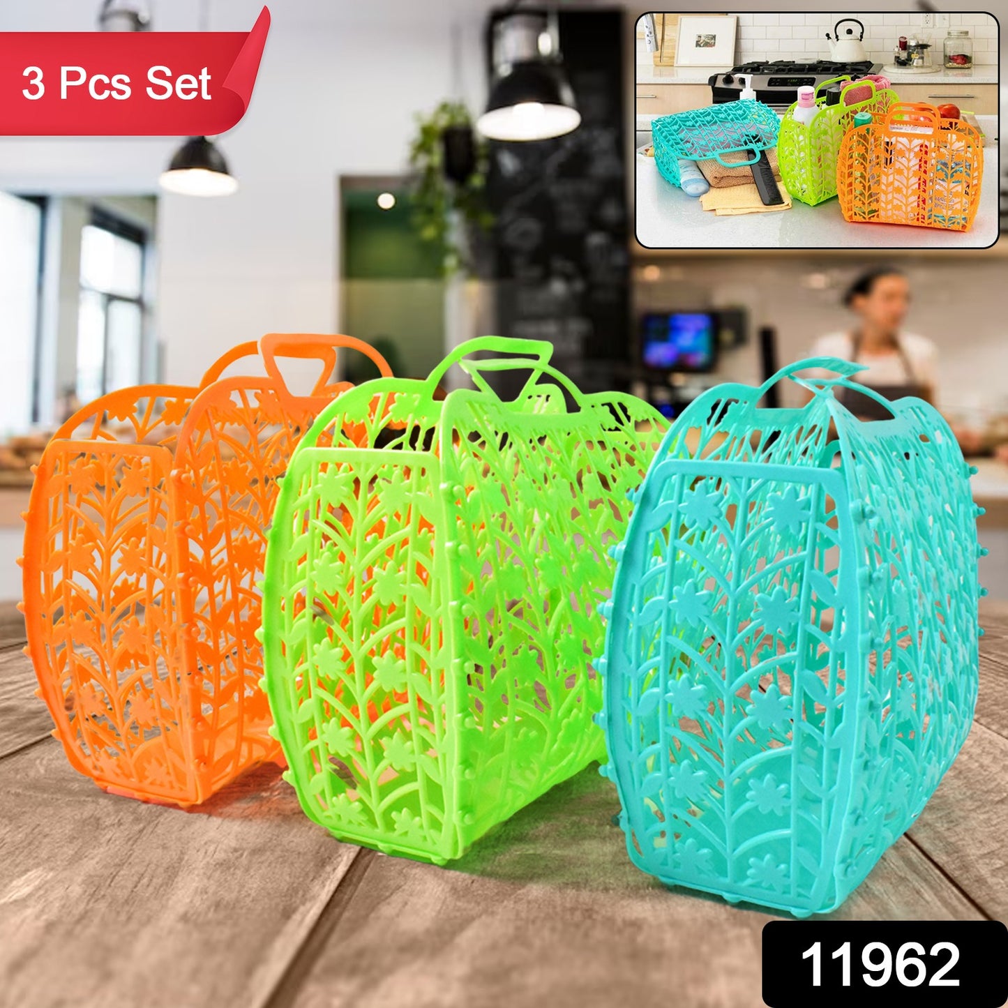 Plastic Foldable Basket Bag Fruit Vegetable Storage Basket (3 Pcs Set Multicolor)