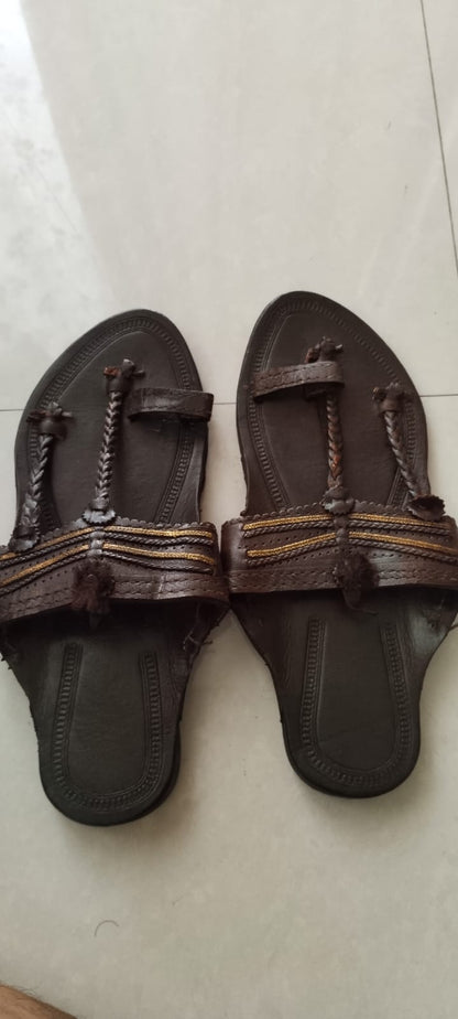Handcrafted Kolhapuri Dark Brown Leather Sandals with Braided Straps – Ethnic & Casual Footwear for Women
