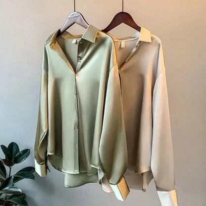 Venyaa Luxe Women's Retro Satin Chiffon Blouse – Long Sleeve Solid Color Shirt