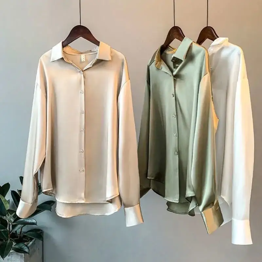 Venyaa Luxe Women's Retro Satin Chiffon Blouse – Long Sleeve Solid Color Shirt