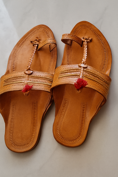 Handcrafted Kolhapuri Dark Brown Leather Sandals with Braided Straps – Ethnic & Casual Footwear for Women