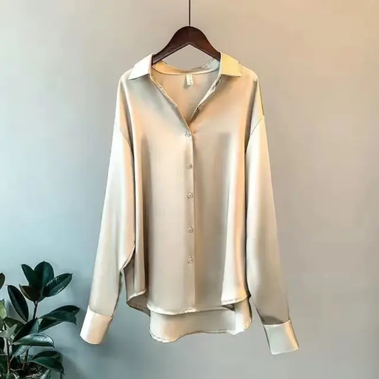 Venyaa Luxe Women's Retro Satin Chiffon Blouse – Long Sleeve Solid Color Shirt