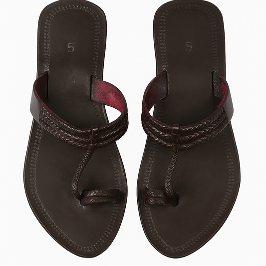 Handcrafted Kolhapuri Dark Brown Leather Sandals with Braided Straps – Ethnic & Casual Footwear for Women